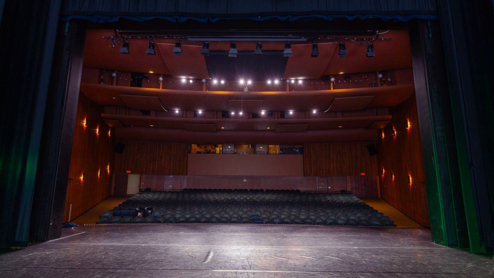 University Theatre as viewed from the stage looking out at the audience